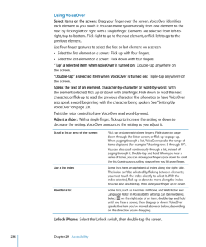 Page 236Using VoiceOver
Select items on the screen:  Drag your finger over the screen. VoiceOver identifies 
each element as you touch it. You can move systematically from one element to the 
next by flicking left or right with a single finger. Elements are selected from left-to-
right, top-to-bottom. Flick right to go to the next element, or flick left to go to the 
previous element.
Use four-finger gestures to select the first or last element on a screen.
 ÂSelect the first element on a screen:   Flick up with...