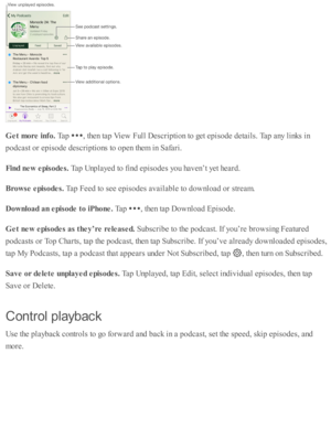 Page 195Get m ore  in fo . 
Tap  
,  th en ta p  V ie w  F ull D esc rip ti o n to  g et e p is o de d eta ils . T ap  a ny l in ks i n
podcast o r e p is o de d esc rip ti o ns to  o pen th em  i n  S afa ri.
Fin d n ew  e pis o des. 
Tap  U np la yed  to  f in d  e p is o des y o u h av en’t y et h eard .
Bro w se  e pis o des. 
Tap  F eed  to  s e e e p is o des a v aila b le  to  d ow nlo ad  o r s tr e am .
Dow nlo ad a n e pis o de t o  iP hone. 
Tap  
,  th en ta p  D ow nlo ad  E pis o de.
Get n ew  e...