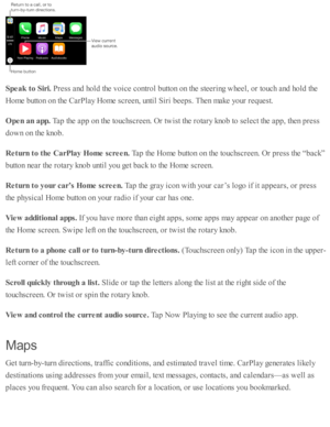 Page 258Speak  t o  S ir i. 
Pre ss a nd  h o ld  th e v oic e c o ntr o l b utto n o n th e s te erin g w heel, o r to uch a nd  h o ld  th e
Hom e b utto n o n th e C arP la y H om e s c re en, u nti l S ir i b eep s. T hen m ake y o ur r e q uest.
Open a n a pp. 
Tap  th e a p p o n th e to uchsc re en. O r tw is t th e r o ta ry  k no b to  s e le ct th e a p p, th en p re ss
dow n o n th e k no b.
Retu rn  t o  t h e C arP la y H om e s c re en. 
Tap  th e H om e b utto n o n th e to uchsc re en. O r p re...