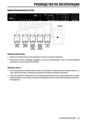 Page 11РуКОвОДСТв О пО  эКСплу АТАцИИ
11
ПОДКЛЮЧение  ДинАМиКОв К систеМе
п орядок подключения
1.   Подключите видеовыход системы домашнего театра к разъемам телевизора.
2.  Подключите колонки и са\bв\�фер, входящие в состав системы домашнего театра, к соответств\�ющим разъемам на основном \bлоке SHT-204 ХКII.
полезн\fе совет\f
1.   Что\bы предотвратить нежелательные ш\�мы, не размещайте тыловые колонки слишком \bлизко к си-стеме, адаптер\� питания, телевизор\� или др\�гим источникам возможного изл\�чения.
2....