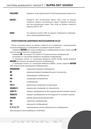 Page 17система домашнего театра 5.1 SUPRA SHT504XKII
VOLUMEНажмите Fдля увеличения и Gдля уменьшения громкости.
MUTEНажмите для отключения звука. При этом на экране
появится символ отключенного звука. Нажмите повторно
для восстановления звука. При этом на экране появится
надпись MUTE OFF.
OSDПо нажатии кнопки OSD на экране отобразится информа
ция о проигрываемом диске.
ПРОИГРЫВАНИЕ ЦИФРОВЫХ ФОТОАЛЬБОМОВ НА CD
После установки диска на экране появится его оглавление с уменьшенным
показом выбранного изображения...