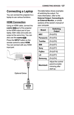 Page 127127CONNECTING	DEVICES
Connecting	a	Laptop
You can connect the projector to a laptop to use various functions.
HDMI	Connection
Using an HDMI cable, connect the  port of the projector to the HDMI output port of your laptop. Both video and audio are output at the same time. You can also use the .
Press the INPUT button on the remote control to select HDMI. You can connect with any HDMI input port.
Optional Extras
The table below shows examples of switching the output. For more information, refer to the...