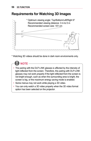 Page 56563D	FUNCTION
Requirements	for	Watching	3D	Images
 *  Optimum viewing angle: Top/Bottom/Left/Right 9° Recommended viewing distance: 3 m to 5 m Recommended screen size: 101 cm
 
* Watching 3D videos should be done in dark room environments only.
•	 The pairing with the DLP-LINK glasses is affected by the intensity of 
light reflected from the screen. Therefore, the pairing with DLP-LINK 
glasses may not work properly if the light reflected from the screen is 
not bright enough, such as when the...