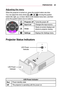 Page 2323PREPARATION
Adjusting	the	menu
When the projector is turned on, press the joystick button one time.
You can adjust the menu items (, , , ) moving the joystick button left, right, up, or down. Move to the desired menu item, and then\
 press the joystick button once to select it.
Close
Projector	offTurns the power off.
Input	ListChanges the input source.
CloseClears on-screen displays and returns to projector viewing.
SettingsDisplays the Settings menu.
Projector	Status	Indicators
LED Power Indicator
LED...