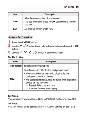 Page 4949MY	MEDIA
ItemDescription
Hide
Hides the menu on the full size screen.
•	To see the menu, press the OK button on the remote control.
ExitExit from full screen photo view.
Options	for	Photo	List
1 Press the Q.MENU button.
2 Use the  or  button to move to a desired option and press the OK button.
3 Use the  ,  ,  , or  button to set up each item.
Set	Photo	View.
ItemDescription
Slide	 SpeedSelects a slideshow speed.
BGM
Selects a music folder for the background music.
•	You cannot change the music folder...