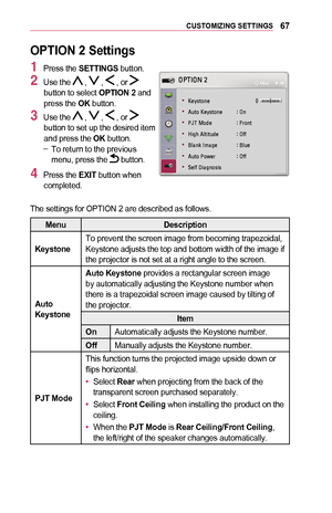 Page 6767CUSTOMIZING	SETTINGS
OPTION	2	Settings
1 Press the SETTINGS button.
2 Use the  ,  ,  , or  button to select OPTION	2 and press the OK button.
3 Use the  ,  ,  , or  button to set up the desired item and press the OK button. -To return to the previous menu, press the  button.
4 Press the EXIT	button when completed.
003200330037002C0032003100030015
	
• 002E0048005C005600570052005100480003 00130003-+
	
• 00240058005700520003002E0048005C005600570052005100480003 001D000300320051
	
•...