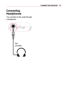 Page 7171CONNECTING	DEVICES
Connecting	
Headphones
You can listen to the audio through a headphone.
￼
Not 
provided   