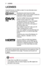 Page 22LICENSES
LICENSES
Supported licenses may differ by model. For more information about licenses, visit www.lg.com.
Manufactured under license from Dolby Laboratories. Dolby and the double-D symbol are trademarks of Dolby Laboratories.
This DivX Certified® device has passed rigorous testing to ensure it plays DivX® video.
To play purchased DivX movies, first register your device at vod.divx.com. Find your registration code in the DivX VOD section of your device setup menu.
DivX Certified® to play DivX®...