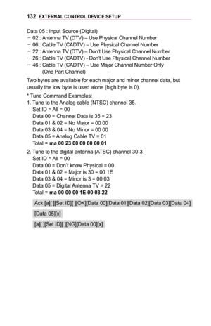 Page 132132EXTERNAL	CONTROL	DEVICE	SETUP
Data 05 : Input Source (Digital) -02 : Antenna TV (DTV) – Use Physical Channel Number -06 : Cable TV (CADTV) – Use Physical Channel Number -22 : Antenna TV (DTV) – Don’t Use Physical Channel Number -26 : Cable TV (CADTV) - Don’t Use Physical Channel Number -46 :  Cable TV (CADTV) – Use Major Channel Number Only  (One Part Channel)
Two bytes are available for each major and minor channel data, but usually the low byte is used alone (high byte is 0).
* Tune Command...