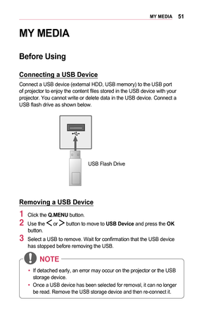 Page 5151MY	MEDIA
MY	MEDIA
Before	Using
Connecting	a	USB	Device
Connect a USB device (external HDD, USB memory) to the USB port of projector to enjoy the content files stored in the USB device with your projector. You cannot write or delete data in the USB device. Connect a USB flash drive as shown below.
USB Flash Drive
Removing	a	USB	Device
1 Click the Q.MENU button. 
2 Use the  or  button to move to USB	Device and press the OK button.
3 Select a USB to remove. Wait for confirmation that the USB device has...