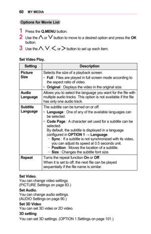 Page 6060MY	MEDIA
Options	for	Movie	List
1 Press the Q.MENU button.
2 Use the  or  button to move to a desired option and press the OK button.
3 Use the , , , or  button to set up each item.
Set	Video	Play.
SettingDescription
Picture 	SizeSelects the size of a playback screen.
•	Full	: Files are played in full screen mode according to the aspect ratio of video.
•	Original	: Displays the video in the original size.
Audio	LanguageAllows you to select the language you want for the file with multiple audio tracks....