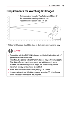 Page 79793D	FUNCTION
Requirements	for	Watching	3D	Images
 *  Optimum viewing angle: Top/Bottom/Left/Right 9° Recommended viewing distance: 3 m Recommended screen size: 101 cm
 
* Watching 3D videos should be done in dark room environments only. 
•	 The pairing with the DLP-LINK glasses is affected by the intensity of 
light reflected from the screen. 
Therefore, the pairing with DLP-LINK glasses may not work properly 
if the light reflected from the screen is not bright enough, such 
as when the surrounding...