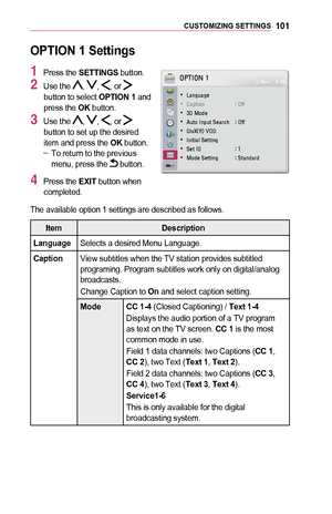 Page 101101CUSTOMIZING	SETTINGS
OPTION	1	Settings
1 Press the SETTINGS button.
2 Use the , , , or  button to select OPTION	1 and press the OK button.
3 Use the , , , or  button to set up the desired item and press the OK button. -To return to the previous menu, press the  button.
4 Press the EXIT button when completed.
	
• 002F00440051004A00580044004A0048
	
• 0026004400530057004C005200510003 001D0003003200490049
	
• 0016002700030030005200470048
	
•...