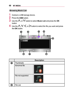 Page 6868MY	MEDIA
Browsing	Music	List
1 Connect a USB storage device.
2 Press the USB button.
3 Use the , or  button to select Music	List and press the OK button.
4 Use the , , , or  button to select the file you want and press the OK button.
003800360025000300360037
0003
00330044004A00480003 001400120014
00330044004A0048000300140012001400270055004C005900480014 00270055004C005900480018
00270055004C005900480016 00270055004C005900480017...
