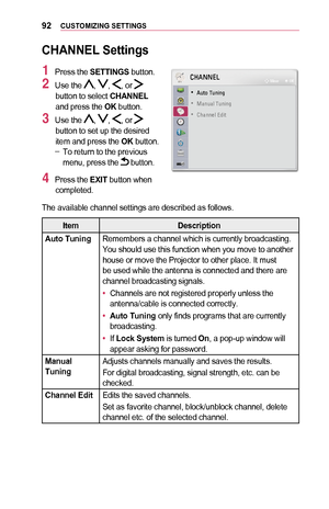 Page 9292CUSTOMIZING	SETTINGS
CHANNEL	Settings
1 Press the SETTINGS button.
2 Use the , , , or  button to select CHANNEL and press the OK button.
3 Use the , , , or  button to set up the desired item and press the OK button. -To return to the previous menu, press the  button.
4 Press the EXIT button when completed.
	
• 00240058005700520003003700580051004C0051004A
	
• 00300044005100580044004F0003003700580051004C0051004A
	
• 0026004B0044005100510048004F000300280047004C0057...