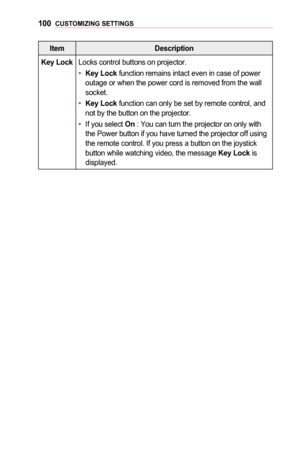 Page 100100CUSTOMIZING	SETTINGS
ItemDescription
Key	LockLocks control buttons on projector. 
•	Key	Lock function remains intact even in case of power outage or when the power cord is removed from the wall socket. 
•	Key	Lock function can only be set by remote control, and not by the button on the projector. 
•	If you select On	: You can turn the projector on only with the Power button if you have turned the projector off using the remote control. If you press a button on the joystick button while watching video,...