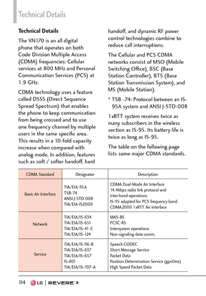 Page 116Technical Details
11 4   
Technical Details
The VN170 is an all digital 
phone that operates on both 
Code Division Multiple Access 
(CDMA) frequencies: Cellular 
services at 800 MHz and Personal 
Communication Services (PCS) at 
1.9 GHz.
CDMA technology uses a feature 
called DSSS (Direct Sequence 
Spread Spectrum) that enables 
the phone to keep communication 
from being crossed and to use 
one frequency channel by multiple 
users in the same speciﬁc area. 
This results in a 10-fold capacity 
increase...