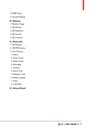 Page 13  11
7. DTMF Tones
8. Assisted Dialing
10. Memory1. Memory Usage
2. My Pictures
3. My Ringtones
4. My Sounds
5. My Contacts
11. Phone Info1. My Number
2. SW/HW Version
3. Icon Glossary 
1. Status
2. Home Screen
3. Media Center
4. Messaging
5. Contacts
6. Recent Calls
7. Settings & Tools
4. Software Update
1. Status
2. Check New
12. Set-up Wizard 