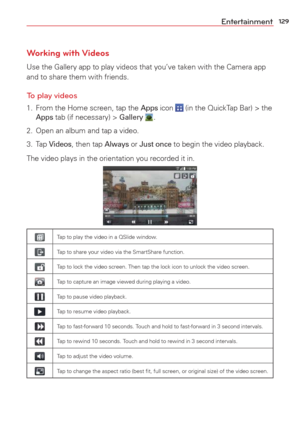 Page 131129Entertainment
Working with Videos
Use the Gallery app to play videos that you’ve taken with the Camera \
app 
and to share them with friends.
To play videos
1.  From the Home screen, tap the Apps icon  (in the QuickTap Bar) > the Apps tab (if necessary) > Gallery .
2.  Open an album and tap a video. 
3. Tap 
Videos, then tap Always or Just once to begin the video playback.
The video plays in the orientation you recorded it in.
Tap to play the video in a QSlide window.
Tap to share your video via the...