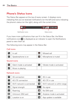 Page 2220The Basics
Phone’s Status Icons
The Status Bar appears at the top of every screen. It displays icons 
indicating that you’ve received notiﬁcations (on the left) and i\
cons indicating 
the phone’s status (on the right), along with the current time.
Notiﬁcation iconsStatus icons
If you have more notiﬁcations than can ﬁt in the Status Bar, the More 
notiﬁcations icon  is displayed as an indicator to open the Notiﬁcations 
panel to view them all.
The following icons may appear in the Status Bar.
Call...
