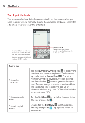 Page 3230The Basics
Text Input Methods
The on-screen keyboard displays automatically on the screen when you 
need to enter text. To manually display the on-screen keyboard, simply tap 
a text ﬁeld where you want to enter text.
Touch and hold to enter text 
by voice or access the clip 
tray and keyboard settings.
Toggles between 123/SYM 
mode and ABC mode.
Selection BoxTap an item (e.g., letter, 
word, or symbol) to insert it 
in the text ﬁeld.
Typing tips
Enter other 
charactersTap the 
Numbers/Symbols Key  to...