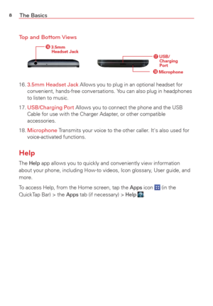 Page 108The Basics
Top and Bottom Views
 USB/ Charging 
Port
 3.5mm Headset Jack
 Microphone
16.  3.5mm Headset Jack Allows you to plug in an optional headset for 
convenient, hands-free conversations. Y ou can also plug in headphones 
to listen to music. 
17.  USB/Charging Port Allows you to connect the phone and the USB 
Cable for use with the Charger Adapter

, or other compatible 
accessories.
18.  Microphone Transmits your voice to the other caller. It's also used for 
voice-activated functions.
Help...