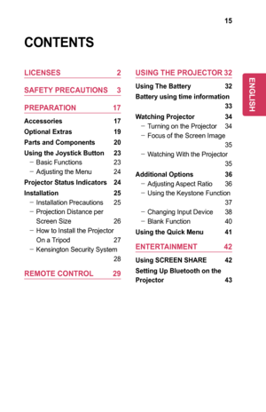 Page 1515
CONTENTS
LICENSES	2
SAFETY	PRECAUTIONS	 3
PREPARATION	 17
Accessories	 17
Optional	Extras	19
Parts	and	Components	 20
Using	the	Joystick	Button	 23
 -Basic Functions 23
 -Adjusting the Menu 24
Projector	Status	Indicators	 24
Installation	 25
 -Installation Precautions 25
 -Projection Distance per 
Screen Size 26
 -How to Install the Projector 
On a Tripod 27
 -Kensington Security System   
 28
REMOTE	CONTROL	 29
USING	THE	PROJECTOR	32
Using	The	Battery	 32
Battery	using	time	information	
	 33
Watching...