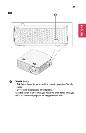 Page 2121
Side	1	
	1	ON/OFF	Switch -ON: Turns the projector on and the projector goes into Standby mode. -OFF: Turns the projector off completely.
Place the switch to OFF when you move the projector or when you intend not to use the projector for long periods of time.
ENGLISH  