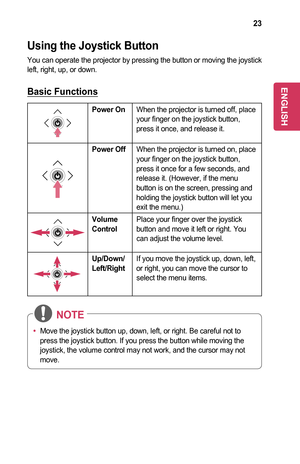 Page 2323
Using	the	Joystick	Button
You can operate the projector by pressing the button or moving the joyst\
ick left, right, up, or down.
Basic	Functions
Power	OnWhen the projector is turned off, place your finger on the joystick button, press it once, and release it.
Power	OffWhen the projector is turned on, place your finger on the joystick button, press it once for a few seconds, and release it. (However, if the menu button is on the screen, pressing and holding the joystick button will let you exit the...