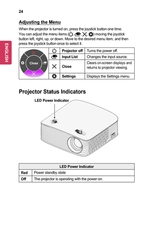 Page 2424
Adjusting	the	Menu
When the projector is turned on, press the joystick button one time.
You can adjust the menu items (, , , ) moving the joystick button left, right, up, or down. Move to the desired menu item, and then\
 press the joystick button once to select it.
Close
Projector	offTurns the power off.
Input	ListChanges the input source.
CloseClears on-screen displays and returns to projector viewing.
SettingsDisplays the Settings menu.
Projector	Status	Indicators
LED	Power	Indicator
LED	Power...