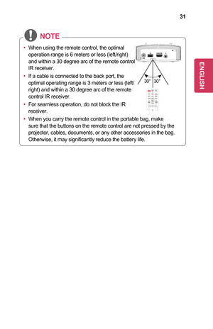 Page 3131
•	When using the remote control, the optimal 
operation range is 6 meters or less (left/right) 
and within a 30 degree arc of the remote control 
IR receiver.
•	 If a cable is connected to the back port, the 
optimal operating range is 3 meters or less (left/
right) and within a 30 degree arc of the remote 
control IR receiver.
•	 For seamless operation, do not block the IR 
receiver.
•	 When you carry the remote control in the portable bag, make 
sure that the buttons on the remote control are not...