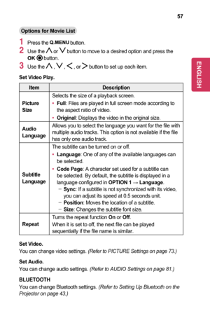 Page 5757
Options	for	Movie	List
1 Press the  button.
2 Use the  or  button to move to a desired option and press the 	button.
3 Use the  ,  ,  , or  button to set up each item.
Set	Video	Play.
ItemDescription
Picture	Size	
Selects the size of a playback screen.
•	Full: Files are played in full screen mode according to the aspect ratio of video.
•	Original: Displays the video in the original size.
Audio 	Language
Allows you to select the language you want for the file with multiple audio tracks. This option is...