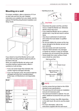 Page 1413
ENGENGLISH
ASSEMBLING AND PREPARING
Mounting on a wall
For proper ventilation, allow a clearance of 10 cm 
on each side and from the wall. Detailed 
instructions are available from your dealer, see the  
optional Tilt Wall Mounting Bracket Installation and
Setup Guide.
If you intend to mount the Monitor set to a wall, 
attach Wall mounting interface (optional parts) to 
the back of the set.
When you install the Monitor set using a wall 
mounting interface (optional parts), attach it 
carefully so it...