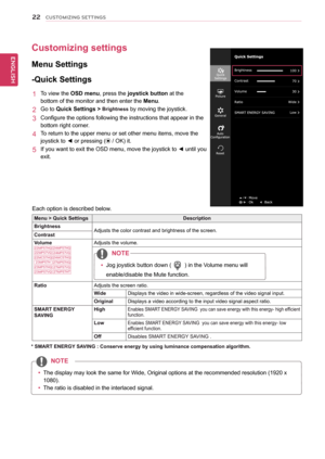 Page 2322
ENGENGLISH
CUSTOMIZING SETTINGS
Each option is described below.
Customizing settings
Menu Settings
-Quick Settings
1  To view the OSD menu, press the joystick button at the 
bottom of the monitor and then enter the Menu.
2  Go to Quick Settings > Brightness by moving the joystick.
3  Configure the options following the instructions that appear in the 
bottom right corner.
4  To return to the upper menu or set other menu items, move the 
joystick to ◄ or pressing ( / OK) it.
5  If you want to exit the...