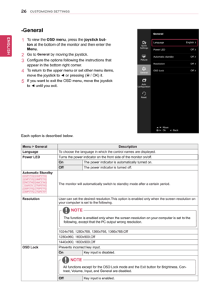 Page 2726
ENGENGLISH
CUSTOMIZING SETTINGS
Menu > GeneralDescription
LanguageTo choose the language in which the control names are displayed.
Power LEDTurns the power indicator on the front side of the monitor on/off.
OnThe power indicator is automatically turned on.
OffThe power indicator is turned off.
Automatic Standby22MP57HQ24MP57HQ22MP57VQ24MP57VQ22MC57HQ24MC57HQ
23MP57HQ27MP57VQ23MP57H27MP57HQ
23MP57VQ27MP57HT
The monitor will automatically switch to standby mode after a certain pe\
riod. 
ResolutionUser...