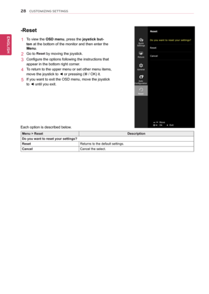 Page 2928
ENGENGLISH
CUSTOMIZING SETTINGS
-Reset
1  To view the OSD menu, press the joystick but-
ton at the bottom of the monitor and then enter the 
Menu.
2  Go to Reset by moving the joystick.
3  Configure the options following the instructions that 
appear in the bottom right corner.
4  To return to the upper menu or set other menu items, 
move the joystick to ◄ or pressing ( / OK) it.
5  If you want to exit the OSD menu, move the joystick 
to ◄ until you exit.
Each option is described below.
Menu >...