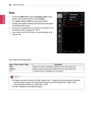 Page 2424UseR seTTInGs
Ratio
1  To view the osD menu, press the joystick button at the  
bottom of the monitor and then enter the Menu.
2  Go to easy control > Ratio by moving the joystick.
3  Configure the options following the instructions that appear 
in the bottom right corner.
4  To return to the upper menu or set other menu items, move 
the joystick to ◄ or pressing ( / OK) it.
5  If you want to exit the OSD menu, move the joystick to ◄ 
until you exit.
Each option is described below.
Menu > easy control...