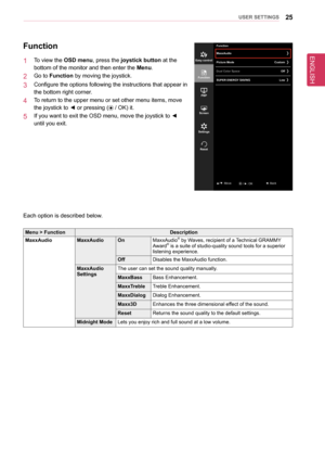 Page 2525UseR seTTInGs
function
1  To view the osD menu, press the joystick button at the  
bottom of the monitor and then enter the Menu.
2  Go to function by moving the joystick.
3  Configure the options following the instructions that appear in 
the bottom right corner.
4  To return to the upper menu or set other menu items, move 
the joystick to ◄ or pressing ( / OK) it.
5  If you want to exit the OSD menu, move the joystick to ◄ 
until you exit.
Each option is described below.
Menu > functionDescription...