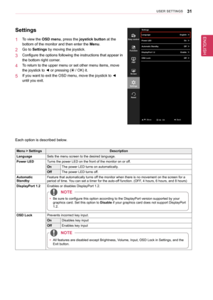 Page 3131UseR seTTInGs
settings
1  To view the osD menu, press the joystick button at the  
bottom of the monitor and then enter the Menu.
2  Go to settings by moving the joystick.
3  Configure the options following the instructions that appear in 
the bottom right corner.
4  To return to the upper menu or set other menu items, move 
the joystick to ◄ or pressing ( / OK) it.
5  If you want to exit the OSD menu, move the joystick to ◄ 
until you exit.
Each option is described below.
Menu > settingsDescription...