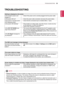Page 3333TRoUblesHooTInG
TRoUblesHooTInG
nothing is displayed on the screen.
Is the monitor's power cord 
plugged in?
 yCheck if the power cord is correctly plugged into the power outlet.
Is the power LED on? yCheck the power cable connection and press the power button. 
Is the power on and the power 
LED displaying white?
 yCheck that the connected input is enabled (Menu - Input).
Is the power LED blinking? yIf the monitor is in sleep mode, move the mouse, or press any key 
on the keyboard, to switch the...