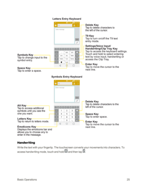 Page 33BasicOperations25
Handwriting
Write the text with your fingertip. The touchscreen converts your movements into characters. To 
access handwriting mode, touch and hold  and then tap . 