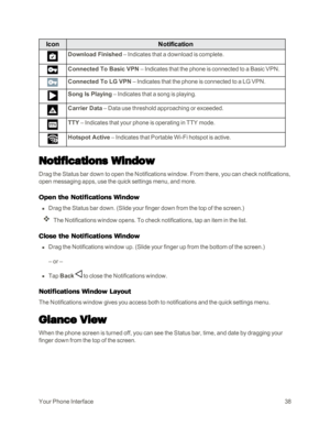 Page 46YourPhoneInterface38
IconNotification
Download Finished – Indicates that a download is complete. 
Connected To Basic VPN – Indicates that the phone is connected to a Basic VPN. 
Connected To LG VPN – Indicates that the phone is connected to a LG VPN.
Song Is Playing – Indicates that a song is playing. 
Carrier Data – Data use threshold approaching or exceeded. 
TTY – Indicates that your phone is operating in TTY mode. 
Hotspot Active – Indicates that Portable Wi-Fi hotspot is active. 
Notifications...