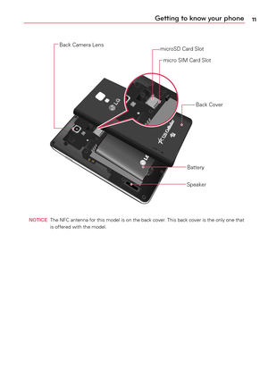 Page 1111Getting to know your phone
Back	Camera	 Lens
microSD	Card	Slot
Speaker
BatteryBack	
Cover
micro	 SIM	Card	 Slot
  NOTicE
	 The	NFC	 antenna	 for	this	 model	 is	on	 the	 back	 cover.	 This	back	 cover	 is	the	 only	 one	that	
is	 offered	 with	the	model. 