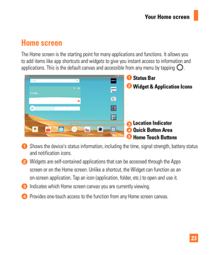 Page 2323
Your Home screen
Home screen
The Home screen is the starting point for many applications and function\
s. It allows you 
to add items like app shortcuts and widgets to give you instant access t\
o information and 
applications. This is the default canvas and accessible from any menu by\
 tapping 
.
Status Bar
Widget & Application Icons
Location Indicator
Quick Button Area
Home Touch Buttons
Shows the devices status information, including the time, signal streng\
th, battery status 
and notification...