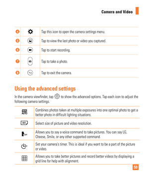 Page 5959
Camera and Video
Tap this icon to open the camera settings menu.
Tap to view the last photo or video you captured.
Tap to start recording.
Tap to take a photo.
Tap to exit the camera.
Using the advanced settings
In the camera viewfinder, tap  to show the advanced options. Tap each icon to adjust the 
following camera settings.
AUTOHDRCombines photos taken at multiple exposures into one optimal photo to ge\
t a 
better photo in difficult lighting situations.
 8 :
5Select size of picture and video...