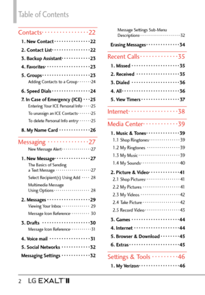 Page 4Table of Contents
2  
Contacts ················22
1. New Contact ···············22
2. Contact List  ················22
3. Backup Assistant  ············23
4. Favorites  ··················\
·23
5. Groups  ··················\
··23
Adding Contacts to a Group  ·······24
6. Speed Dials ················24
7.    In Case of Emergency (ICE) · · · 25
Entering Your ICE Personal Info· · · · ·25
To unassign an ICE Contacts  ·······25
To delete Personal Info entry· · · · · · ·25
8. My Name Card  ·············26...
