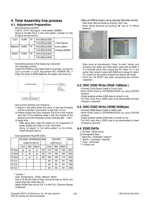 Page 104. Total Assembly line process
4.1. Adjustment Preparation
· W/B Equipment condition
CA210 : CH 9, Test signal : Inner pattern (85IRE)
· Above 5 minutes H/run in the inner pattern. (“power on” key
of adjust remote control)
* Connecting picture of the measuring instrument
(On Automatic control)
Inside PATTERN is used when W/B is controlled. Connect to
auto controller or push Adjustment R/C POWER ON ->
Enter the mode of White-Balance, the pattern will come out
* Auto-control interface and directions
1)...
