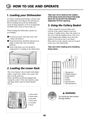 Page 1414
HOW TO USE AND OPERATE
1. Loading your Dishwasher
3. Using the Cutlery Basket
For better washing performance, always load
the dishwasher according to the instructions.
Before loading items into the dishwasher
clean off large particles of food, in particular
insoluble items such as bones, pips, etc.
When loading the dishwasher, please act
accordingly:
■Position crockery such that water will
contact all surfaces.
■Deep based items should be placed at an
angle to help water run off and dry
properly....