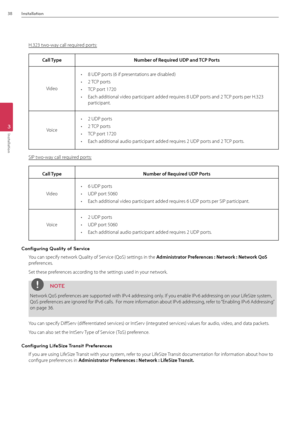 Page 3838Installation
3
Installation
H.323 two-way call required ports:
Call Type Numbe\f of Requi\fed UDP a\bd TCP Po\fts 
Video 
• 8 UDP ports (6 if presentations are disabled)
• 2 TCP ports
• TCP port 1720
• Each additional vid\Beo participant added requires 8 UDP ports and 2 TCP ports per H.323 
participant.
Voice 
• 2 UDP ports 
• 2 TCP ports
• TCP port 1720
• Each additional aud\Bio participant added requires 2 UDP ports and 2 TCP ports.
SIP two-way call required ports:
Call Type Numbe\f of Requi\fed UDP...