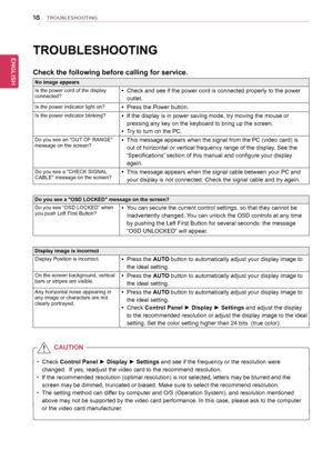 Page 1818
ENGENGLISH
TROUBLESHOOTING
 yyCheck Control Panel ► Display ► Settings
 and see if the frequency or the resolution were 
changed.  If yes, readjust the video card to the recommend resolution.
y
y If the recommended resolution (optimal resolution) is not selected, letters may be blurred and the 
screen may be dimmed, truncated or biased. Make sure to select the recommend resolution.
y
y The setting method can differ by computer and O/S (Operation System), and resolution mentioned 
above may not be...